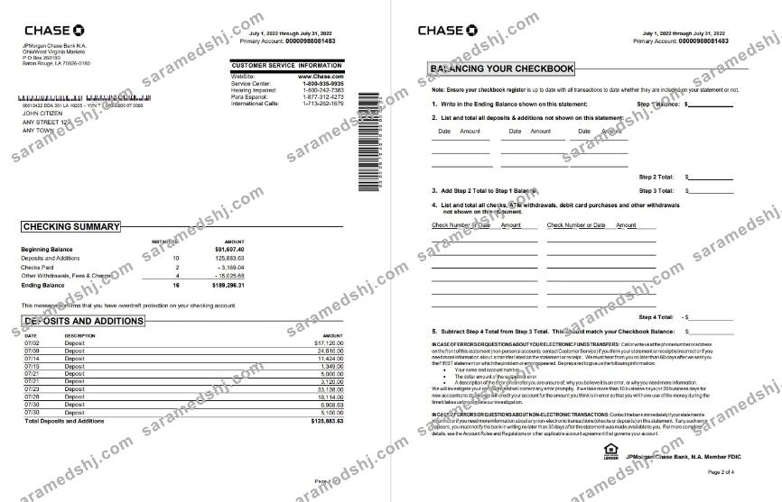 USA Chase bank statement Word and PDF template, 4 pages